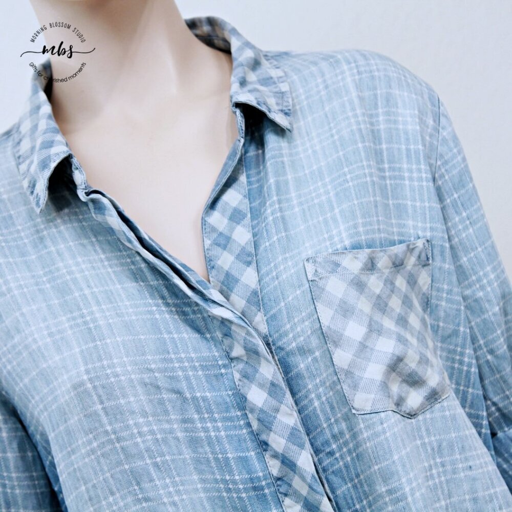 NWOT Korye Checkered Plaid Long Sleeve Roll Tab Button Down Shirt Blue Women XL - Picture 10 of 13